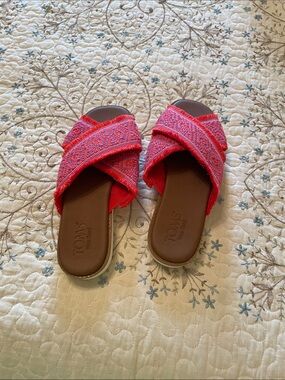 Toms Coral-Pink Woven Crossband Slide Sandals